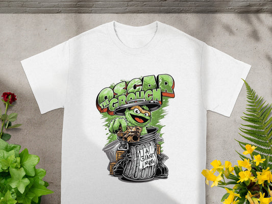 Oscar the Grouch in a trash can with a "Giant Nug" sign.