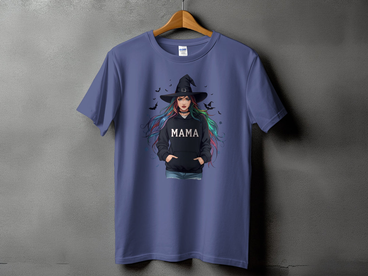 T-shirt with witch graphic and "MAMA" text on hoodie