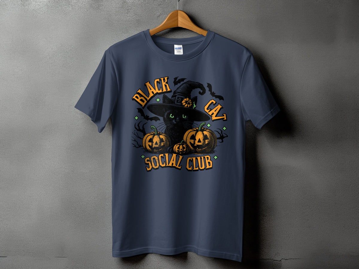 Black cat wearing a witch hat with pumpkins and bats, text says "Black Cat Social Club".