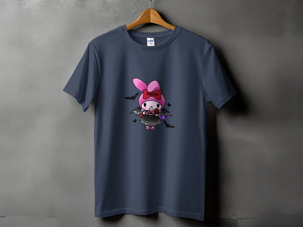 Dark gray t-shirt featuring a cartoon character with bunny ears, a bow, and bat wings.