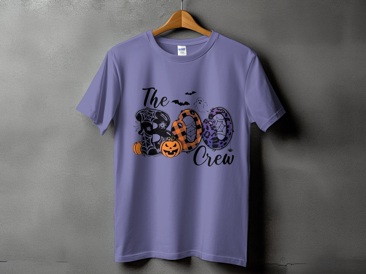 Lavender t-shirt with "The Boo Crew" Halloween text and graphics.