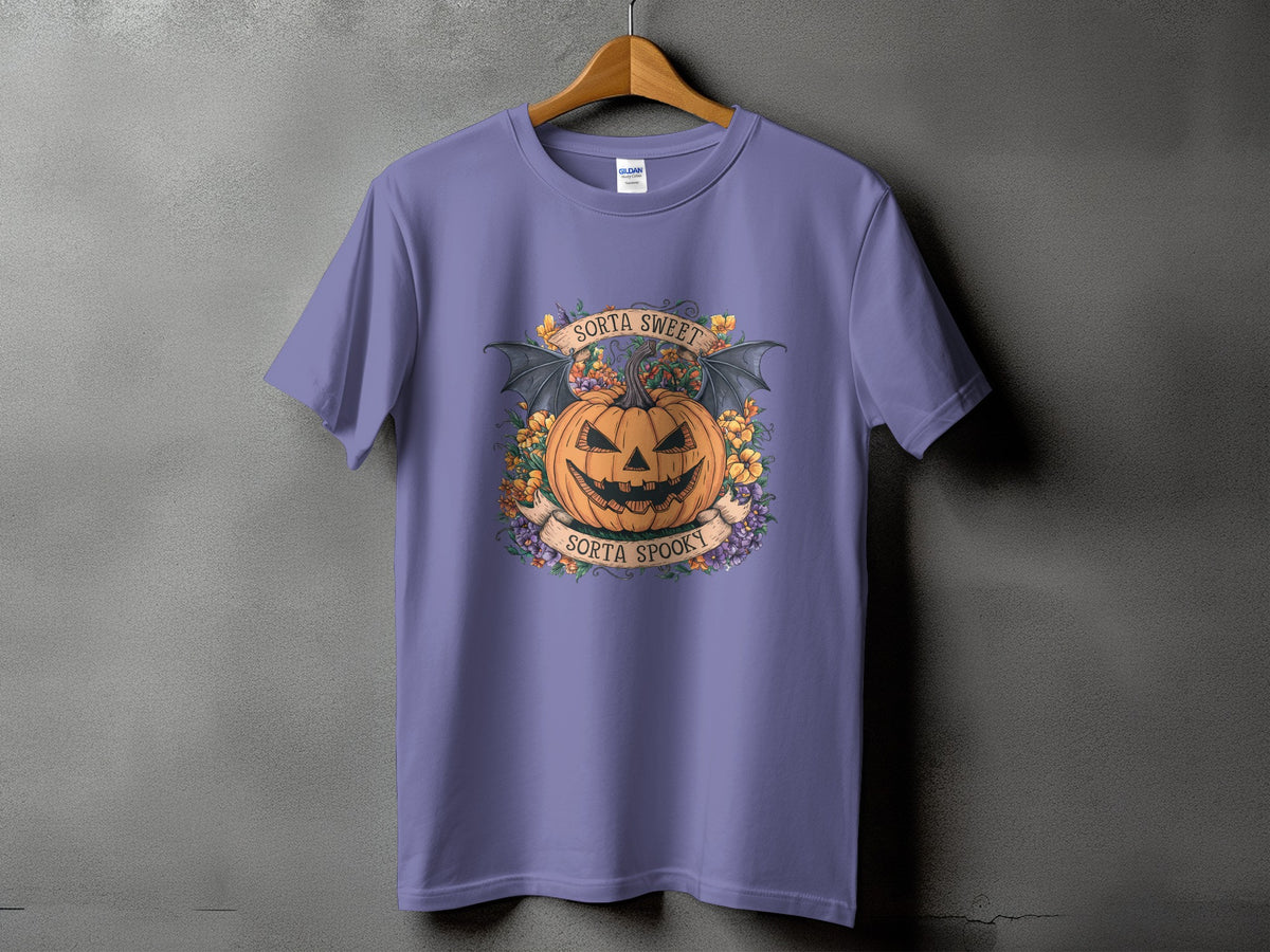 Purple t-shirt with a Halloween pumpkin graphic and text "Sorta Sweet" and "Sorta Spooky".
