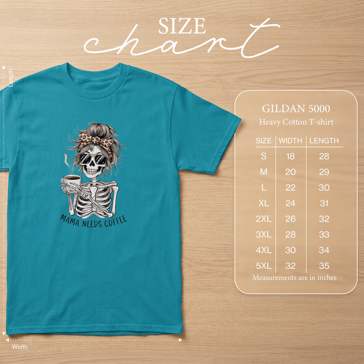 Teal t-shirt with skeleton graphic holding coffee and size chart.