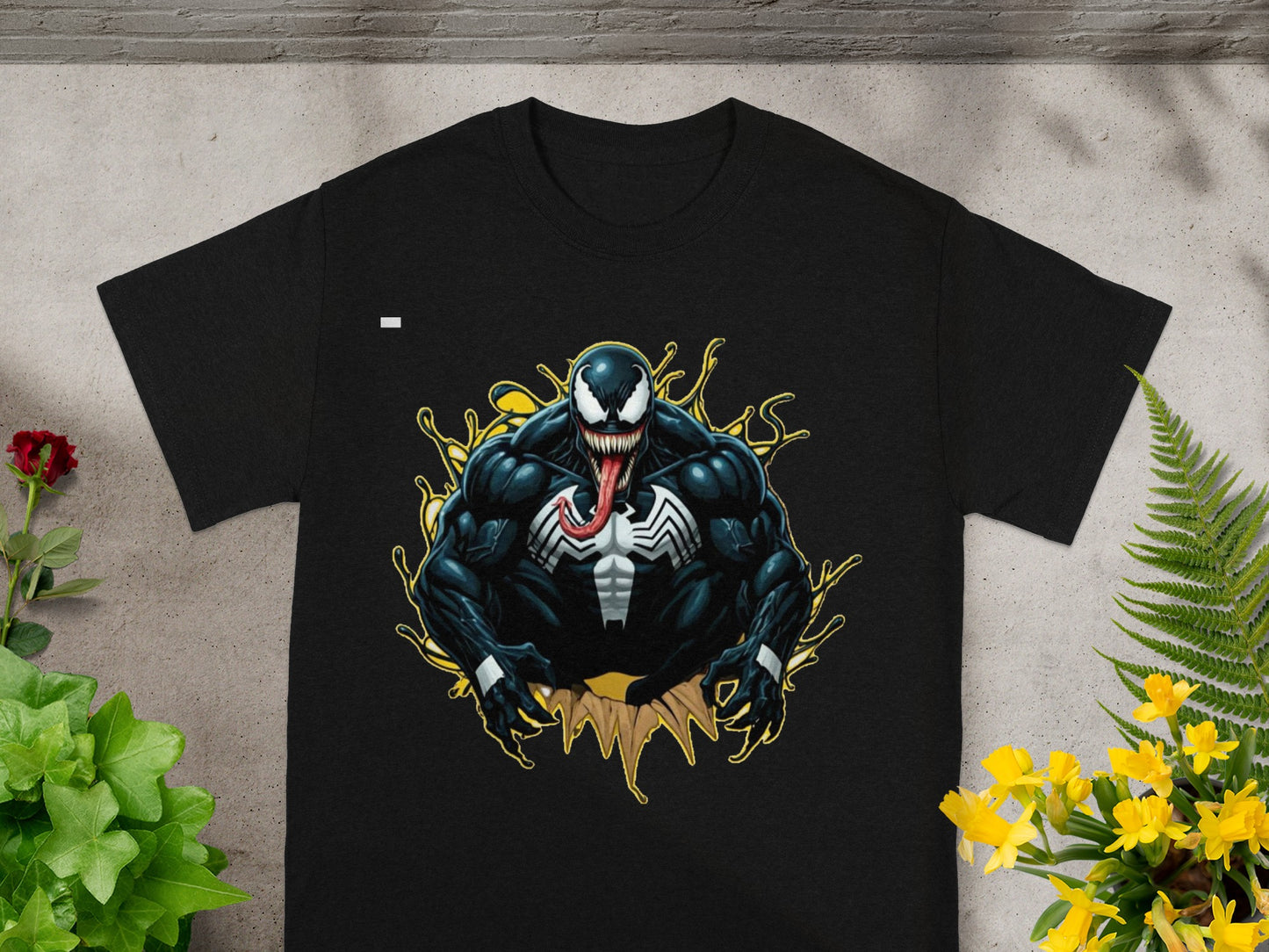 Black t-shirt featuring Venom with a dripping tongue.