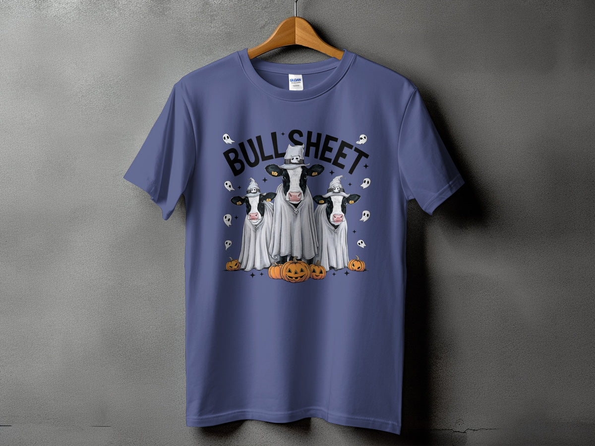 Three cows in ghost costumes with pumpkins and ghosts, "Bull Sheet" text.