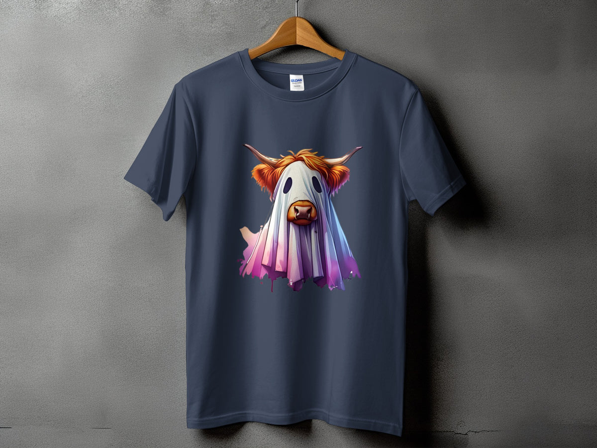 Dark grey t-shirt with a graphic of a Highland cow wearing a ghost costume.