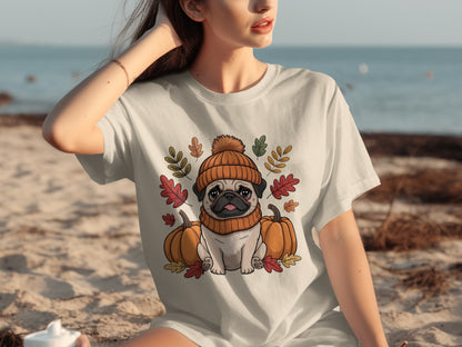 Cute Autumn Pug with Pumpkin Design T-Shirt Product