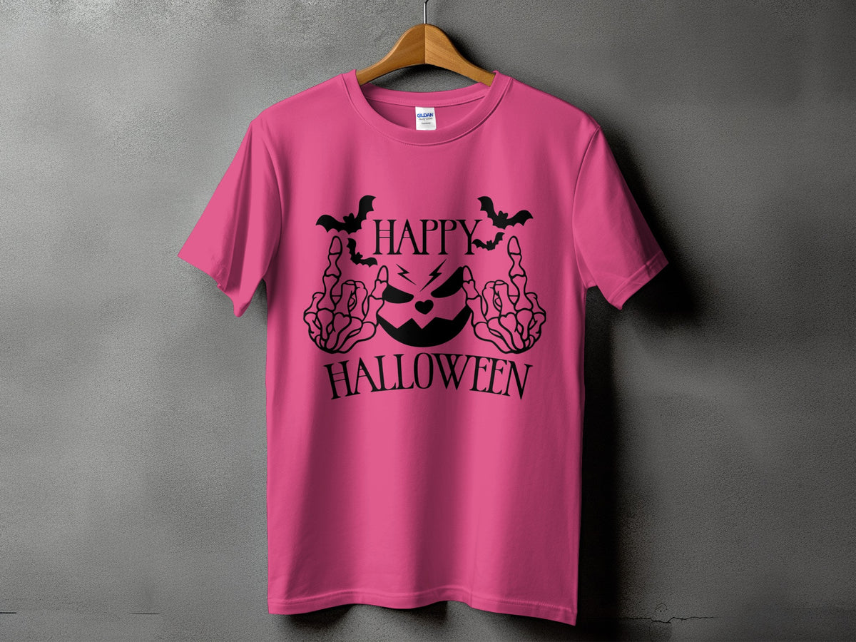 Pink t-shirt with black Halloween graphic featuring pumpkin and skeleton hands.
