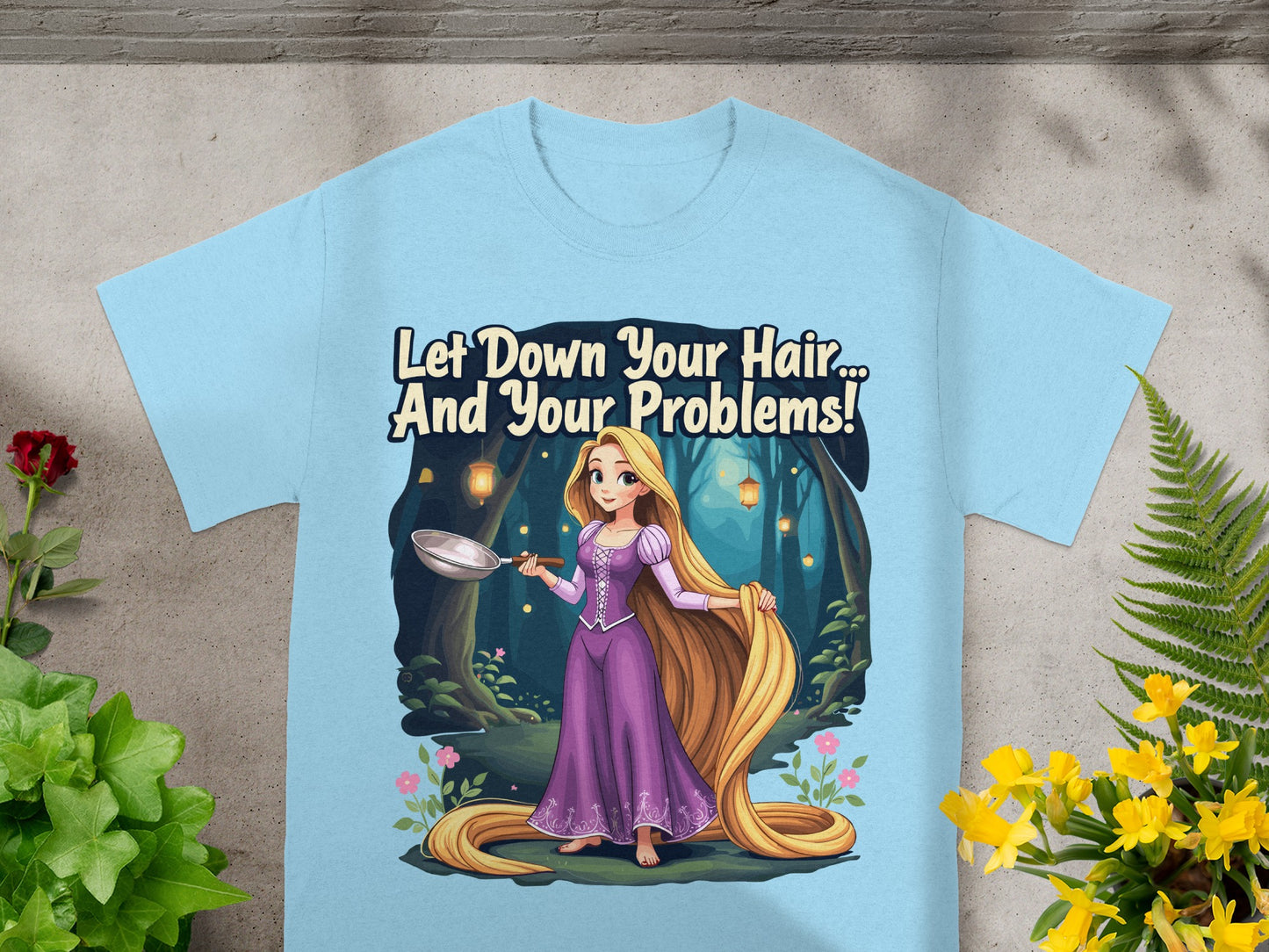 Rapunzel with long hair holding a frying pan, "Let Down Your Hair... And Your Problems!"