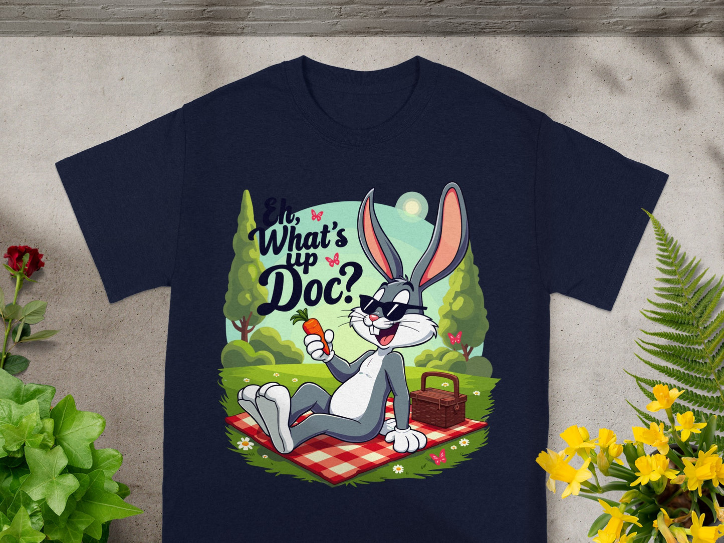 Bugs Bunny in sunglasses holding a carrot on a picnic blanket with "Eh, What's Up Doc?" text.