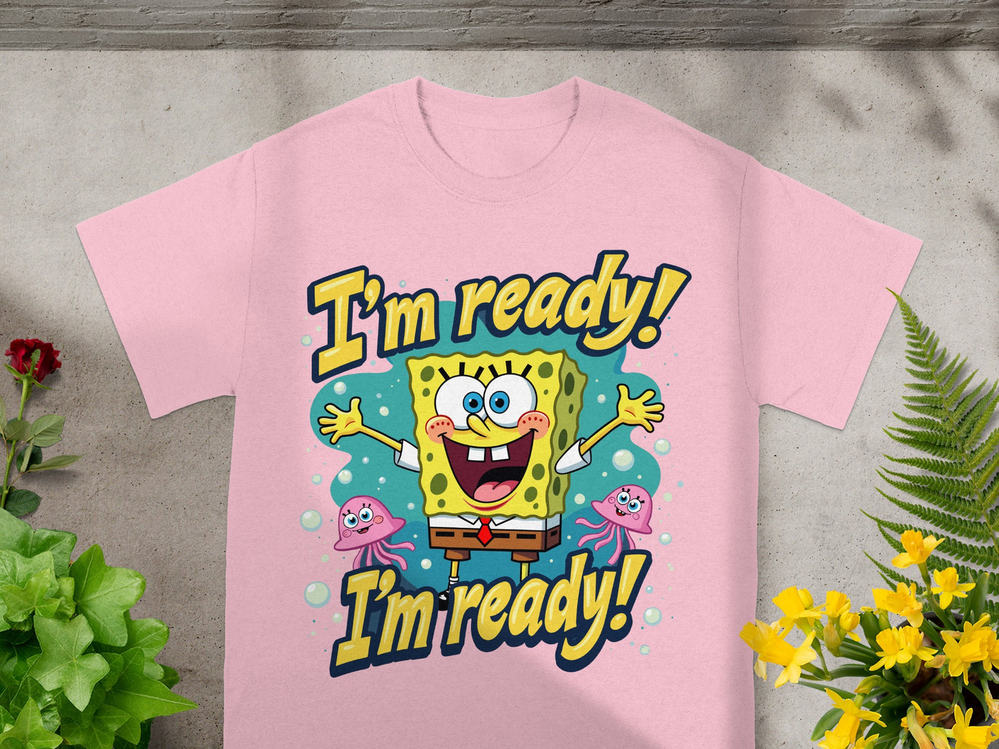 Pink t-shirt with Spongebob Squarepants and two jellyfish saying "I'm ready!"