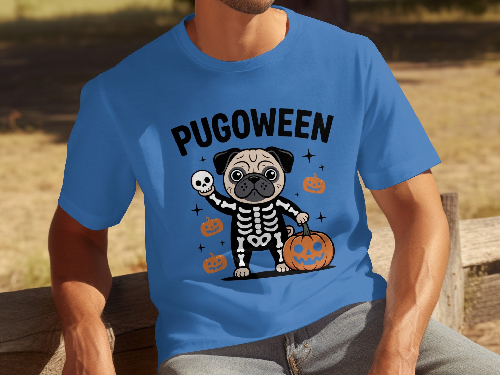 Pugoween Skeleton Pug Halloween Blue T-Shirt for Holiday Fun