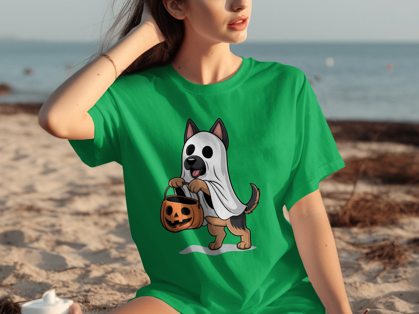 Cute Dog Halloween Ghost Design Green T-Shirt