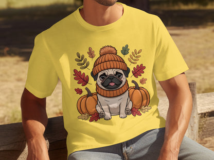 Cute Pug in Autumn Leaves and Pumpkin Graphic Tee