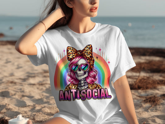 Antisocial Rainbow Skull with Leopard Hair Bow T-Shirt