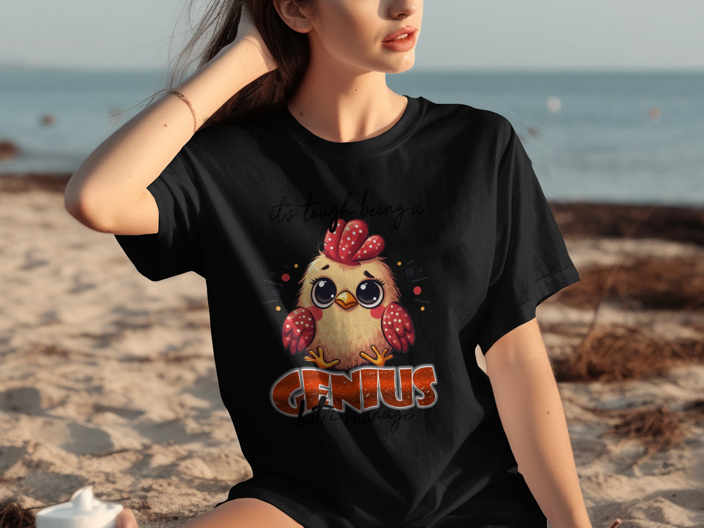 Cute Chicken Genius Print Black T-Shirt Casual Wear