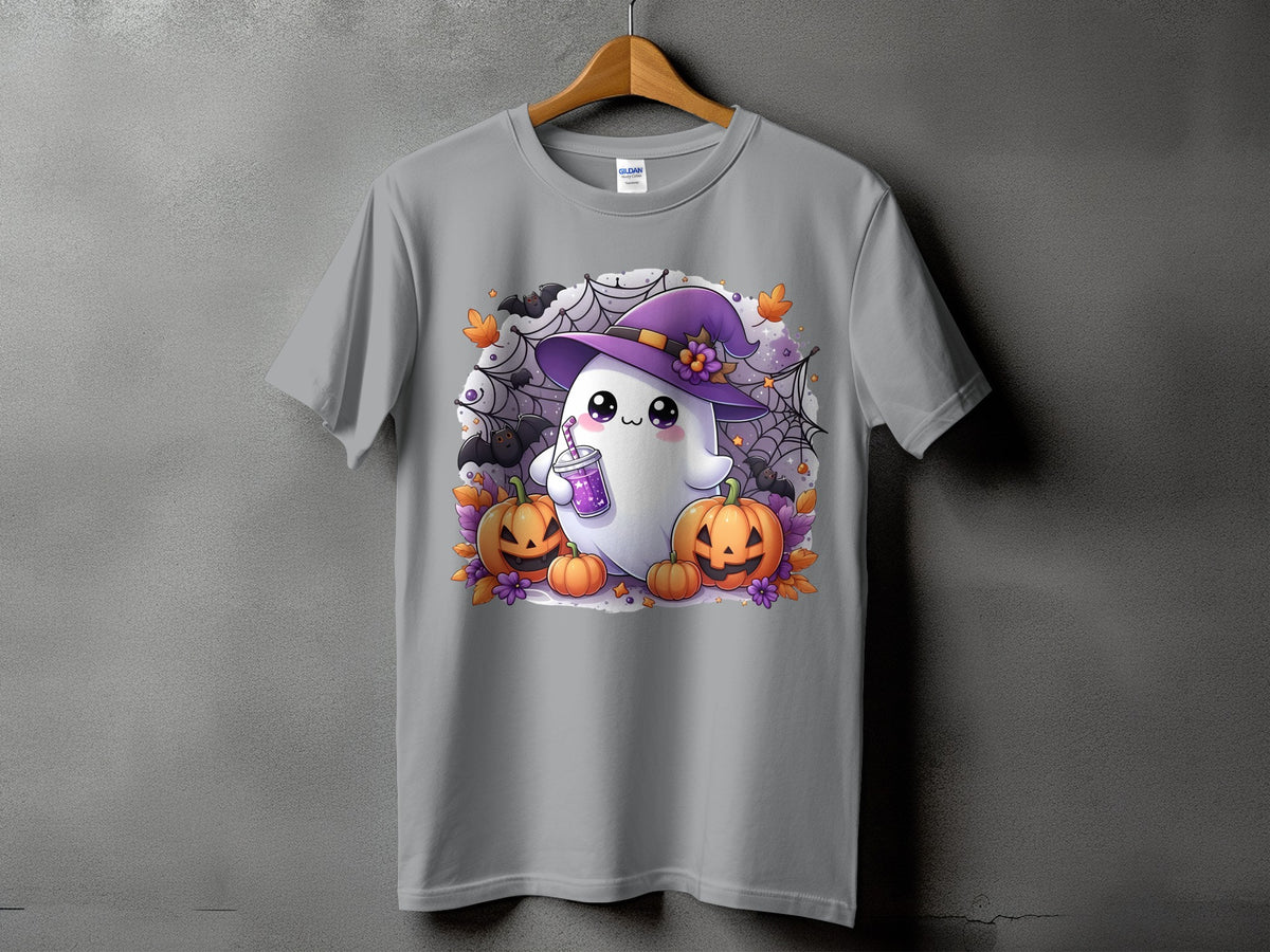 Ghost with purple witch hat holding drink surrounded by pumpkins, bats, and cobwebs.