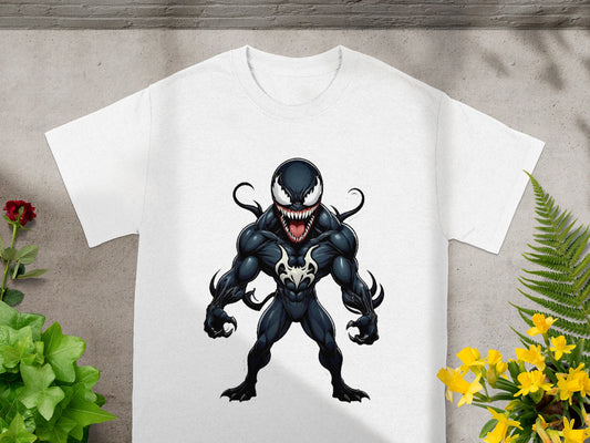 White t-shirt with black and white Venom illustration, standing front view.