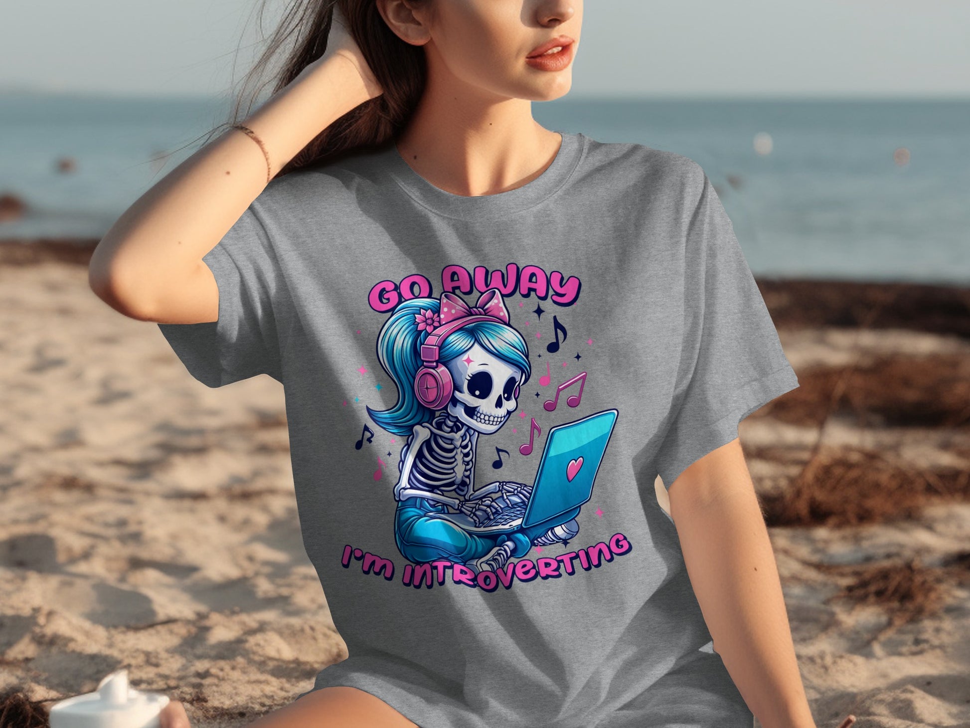 Go Away I'm Introverting Skeleton With Laptop T-Shirt