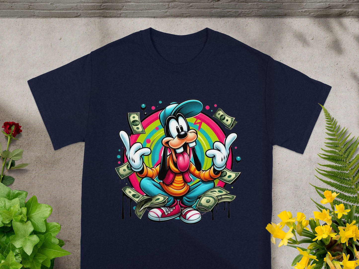 Goofy character in colorful shirt and hat sitting on money.
