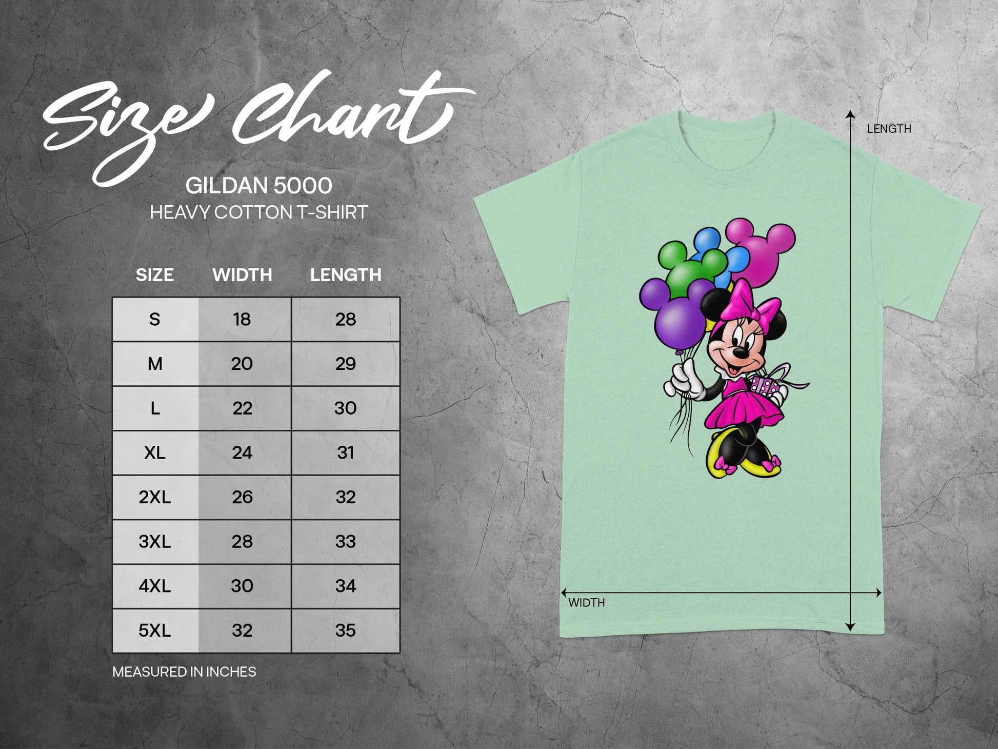 Minnie Mouse Balloons Gildan 5000 Size Chart product type