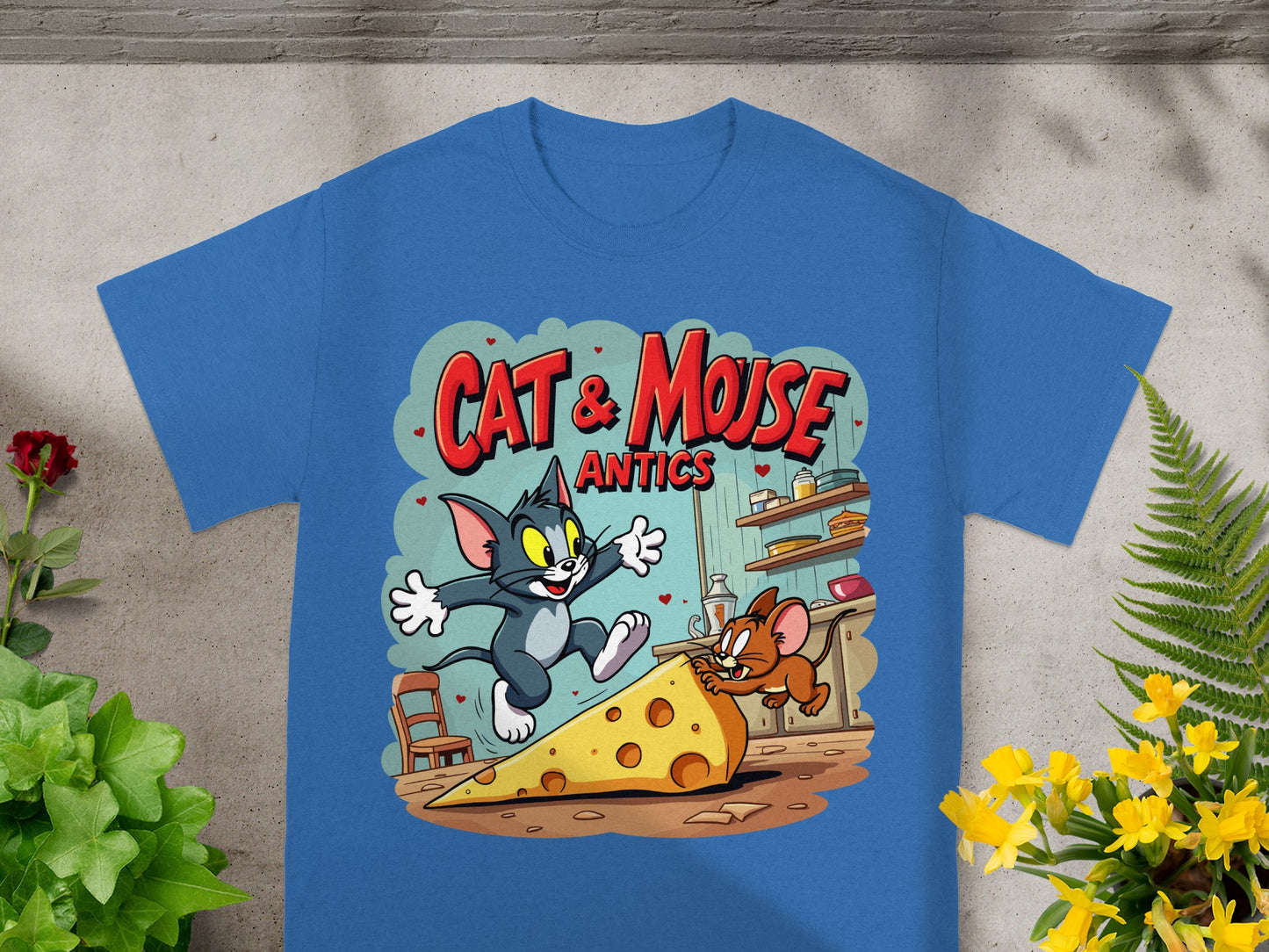 Tom and Jerry chase each other over a giant cheese slice.