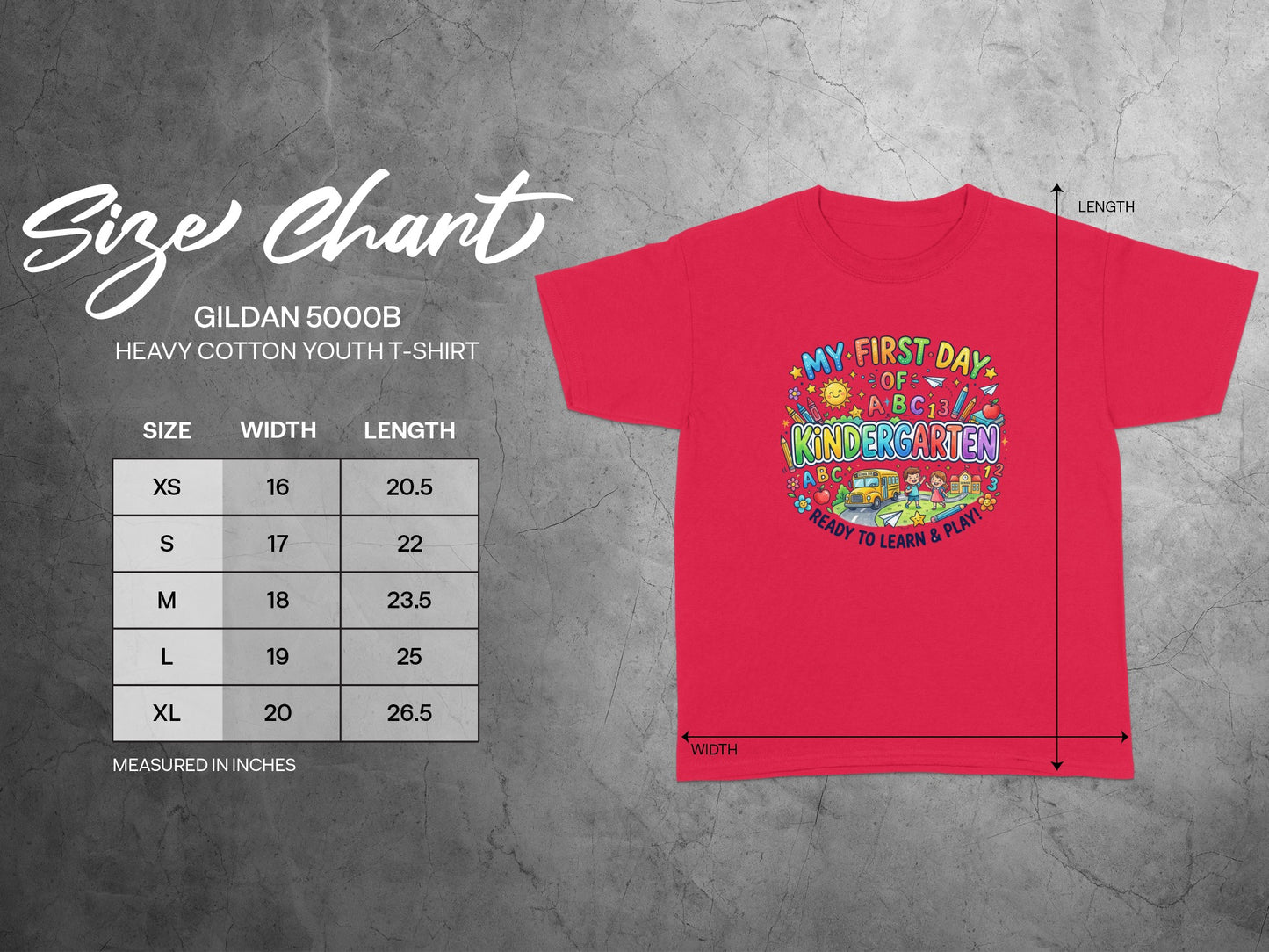 Gildan 5000B youth t-shirt size chart with width and length measurements.