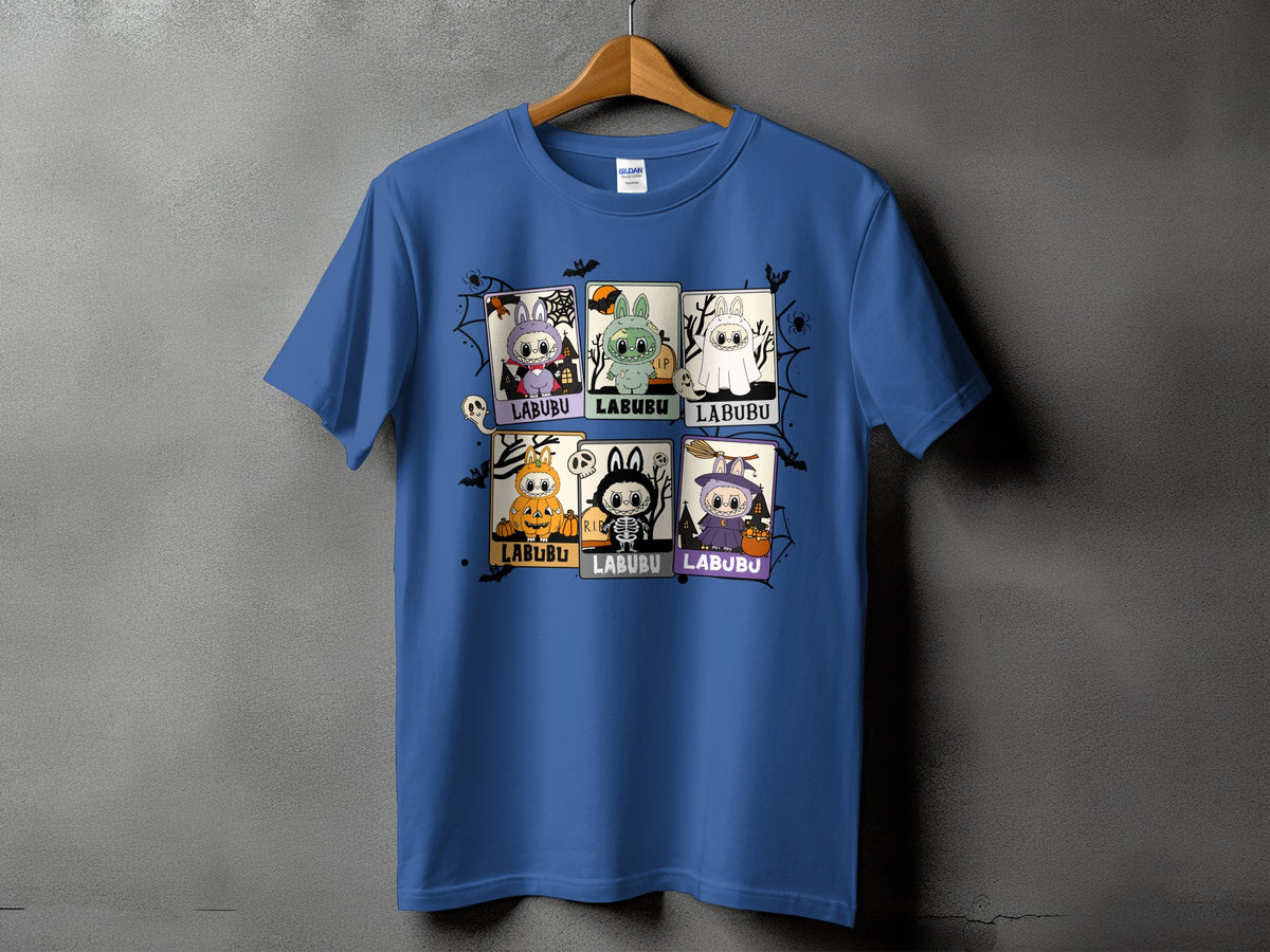 Blue t-shirt with six Halloween-themed Labubu character panels and spider web graphics.