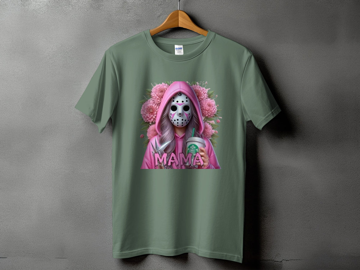 Green t-shirt with a graphic of a person in a hockey mask holding a Starbucks cup.