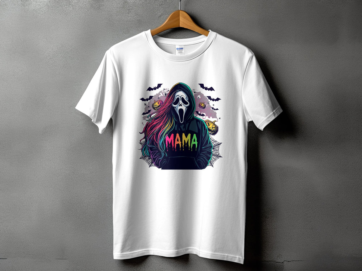 White t-shirt with ghost mask, colorful hair, and "Mama" text graphic.