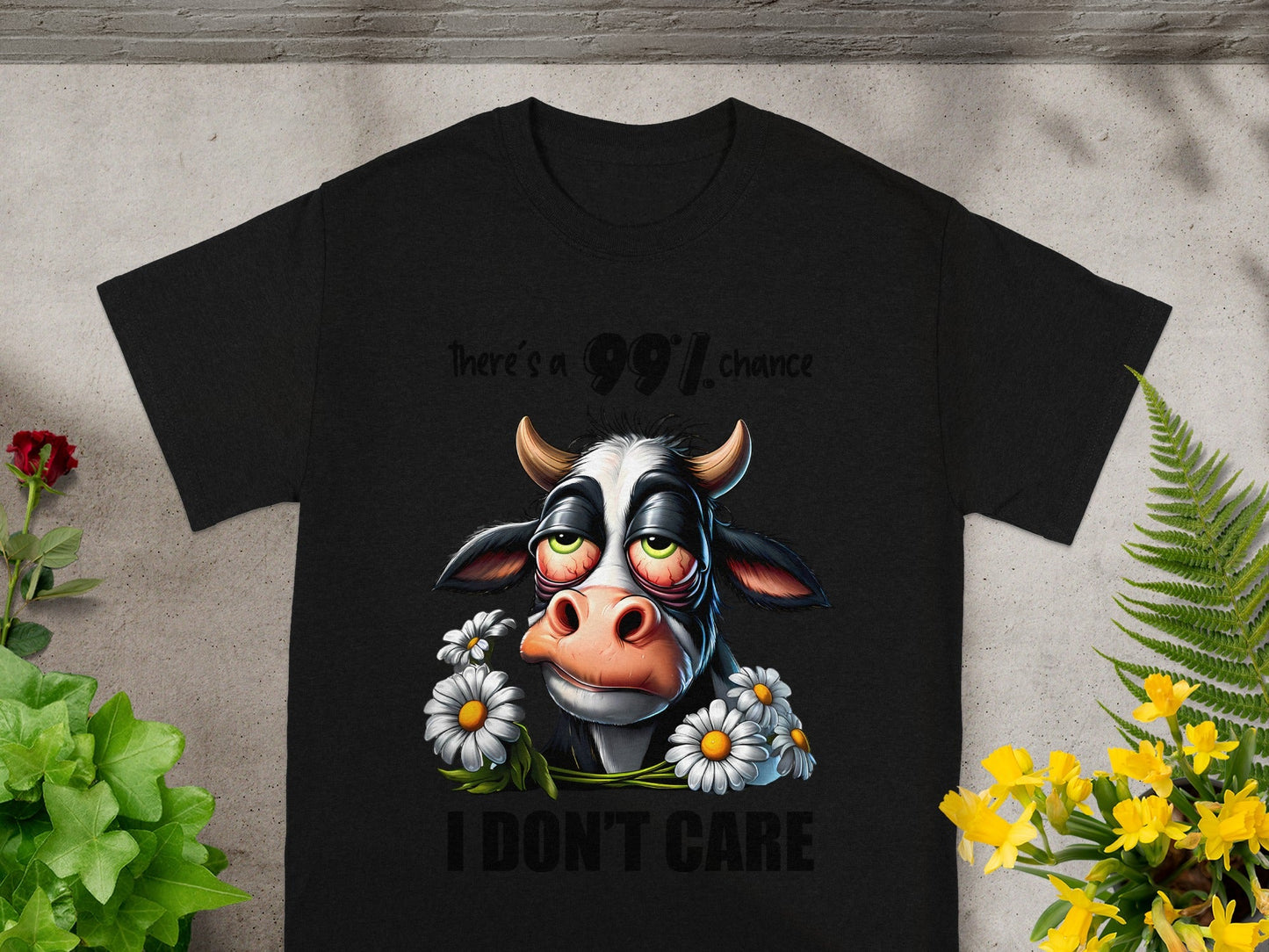 Funny Cow Shirt With Flowers I Don't Care Design Tee