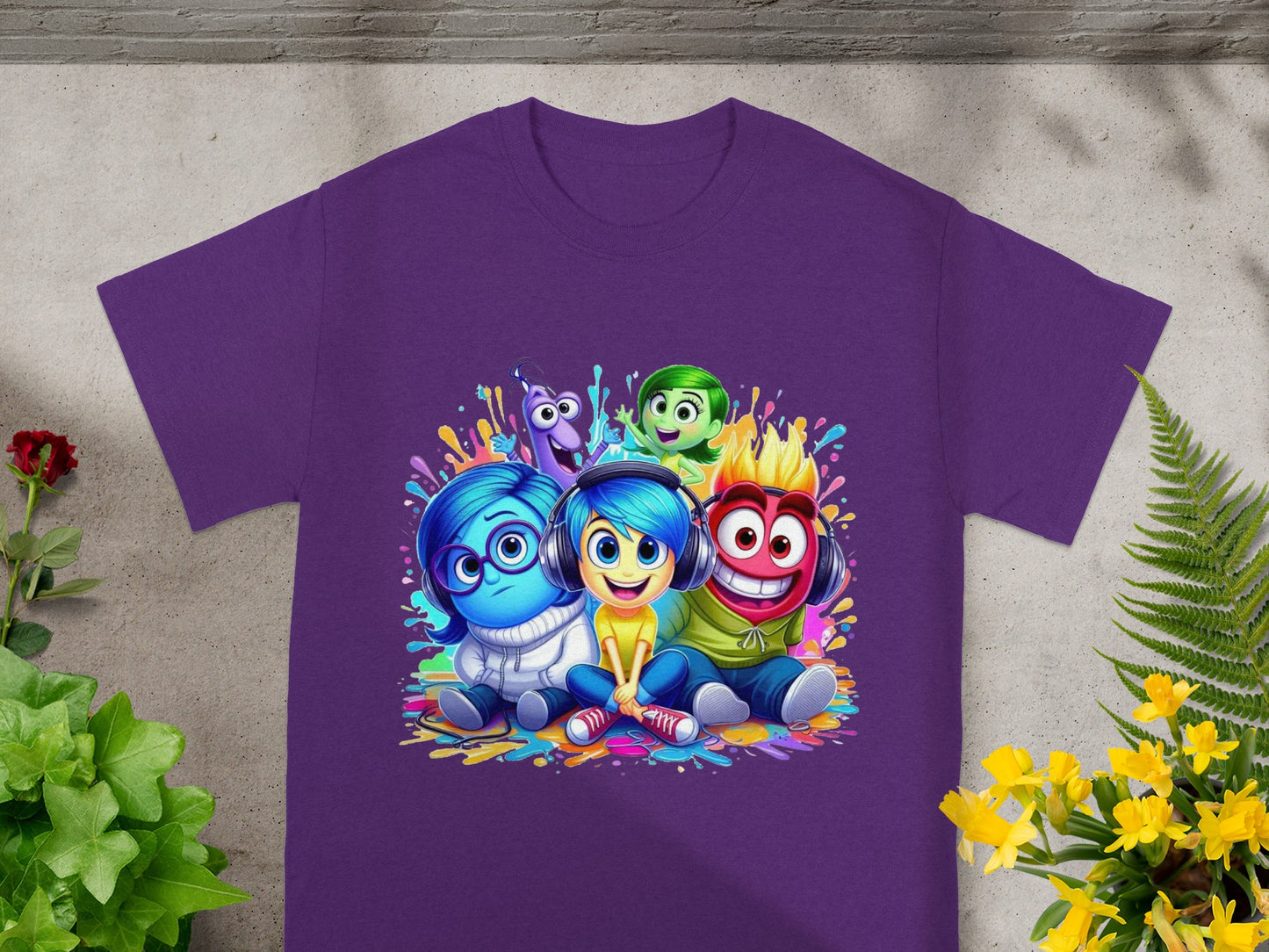 Inside Out characters Riley, Joy, Sadness, Fear, Anger, and Disgust seated together.