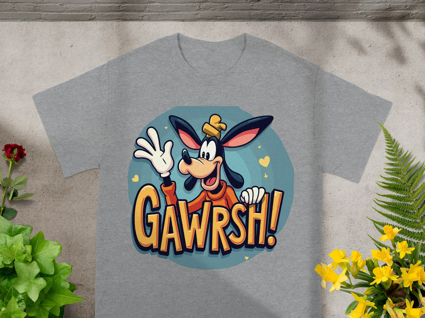 Grey t-shirt with Goofy graphic saying "GAWRSH!"