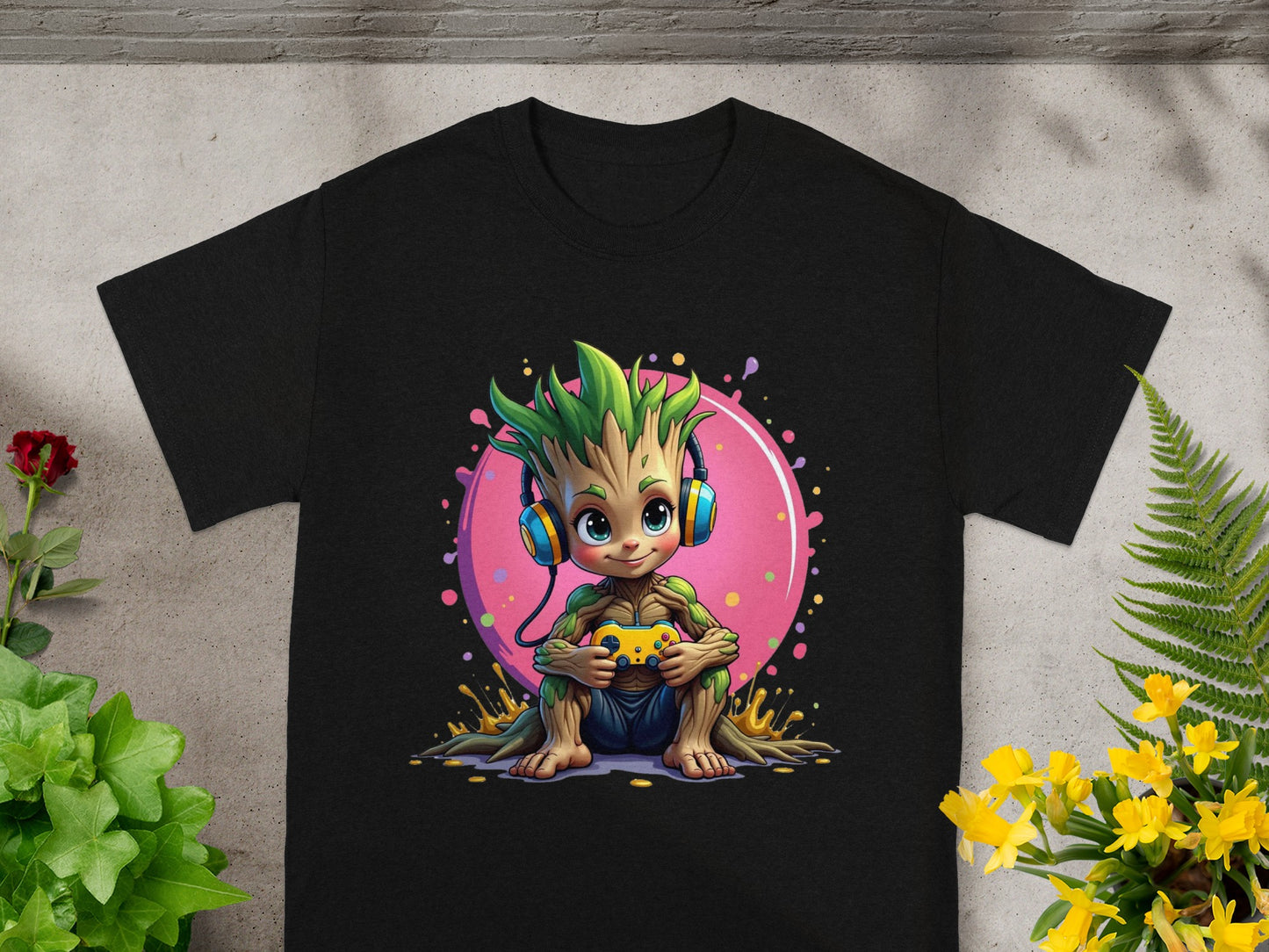 Groot character wearing headphones and holding a video game controller.