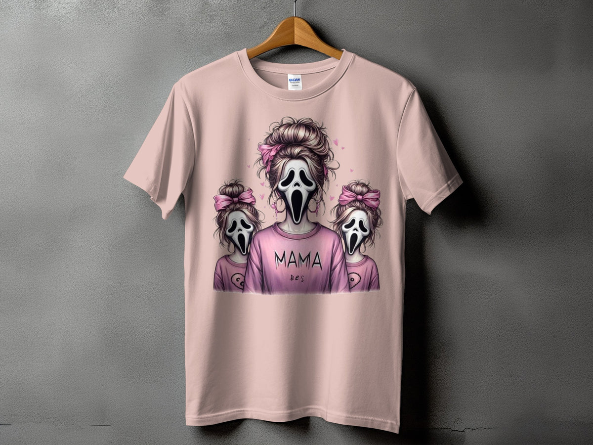Pink t-shirt with "Mama" text and three ghost figures wearing bows.